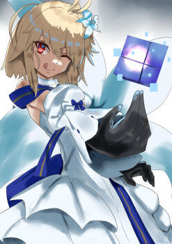 1girl ahoge arcueid_brunestud arcueid_brunestud_(mooncancer) bare_shoulders black_gloves blonde_hair blue_ribbon cept_onix detached_sleeves dress fate/grand_order fate_(series) flower gloves gold_trim hair_flower hair_intakes hair_ornament highres looking_at_viewer marble_phantasm one_eye_closed reaching reaching_towards_viewer red_eyes ribbon short_hair smile tongue tongue_out tsukihime tsukihime_(remake) upper_body white_dress