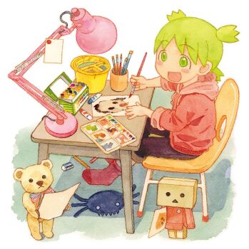 Rule 34 | 1girl, :d, azuma kiyohiko, blush stickers, border, box, brown pants, bucket, cardboard box, chair, commentary, cup, danboo, desk, desk lamp, duralumin, from side, full body, green eyes, green hair, grey background, holding, holding paintbrush, holding paper, hood, hood down, hoodie, koiwai yotsuba, lamp, long sleeves, looking afar, looking ahead, official art, on chair, open mouth, paint, paintbrush, painting (action), painting (medium), paint palette, pants, paper, pink hoodie, pink socks, quad tails, short hair, sitting, smile, socks, solo, stuffed animal, stuffed spider, stuffed toy, teddy bear, traditional media, watercolor (medium), white border, yotsubato!