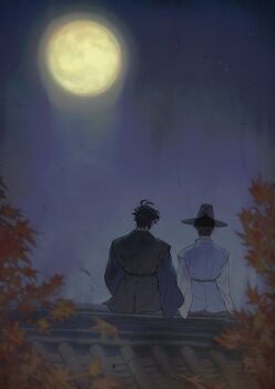 Rule 34 | 2boys, alternate costume, black hair, black robe, clothing request, commentary request, from behind, hat, kim dokja, korean clothes, korean commentary, making board, moon, multiple boys, omniscient reader's viewpoint, on rooftop, robe, rooftop, short hair, sitting, white robe, yoo joonghyuk