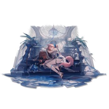 1girl absurdres against_object animal_ears arknights blue_dress blue_eyes blue_flower blue_ribbon blue_theme bouquet box cat_ears cat_girl cat_tail chandelier dress flower full_body head_rest heidi_(a_thousand_correspondences)_(arknights) heidi_(arknights) highres indoors kumatangent lantern laurel_thigh_strap laurels looking_at_viewer official_alternate_costume official_art parted_lips pink_hair plant railing ribbon sandals simple_background sitting sitting_on_stairs solo stairs tail thigh_strap third-party_source transparent_background white_flower