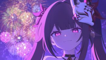 Rule 34 | 1girl, absurdres, bare shoulders, bell, black choker, brown hair, butterfly-shaped pupils, choker, circle facial mark, close-up, closed mouth, commentary request, facial mark, fireworks, fox mask, fuminshou (nekopan art), highres, honkai: star rail, honkai (series), long hair, looking at viewer, mark under both eyes, mask, mask on head, neck bell, night, outdoors, pink eyes, smile, solo, sparkle (honkai: star rail), symbol-shaped pupils, twintails