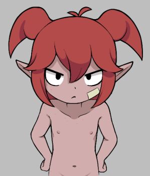 1girl beebz_(demon_turf) black_eyes body_freckles demon_turf freckles loli looking_at_viewer nipples nude red_hair shino_(shinokani) simple_background solo upper_body