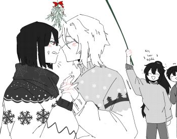 2boys 2girls anger_vein black_hair blush bob_cut christmas_sweater closed_eyes commentary faust_(project_moon) highres hong_lu_(project_moon) imminent_kiss interlocked_fingers kiyosato_yuri limbus_company long_hair mistletoe monochrome multiple_boys multiple_girls ponytail project_moon red_eyes ryoshu_(project_moon) sidelocks simple_background spot_color symbol-only_commentary white_background white_hair yi_sang_(project_moon) yuri