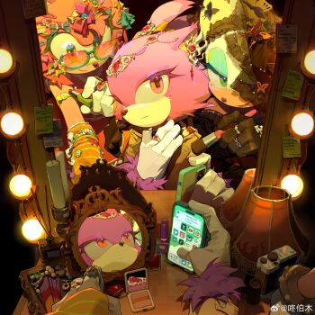 absurdres alternate_costume amy_rose black_gloves blaze_the_cat blue_eyeshadow bracelet cellphone chinese_commentary closed_mouth dongbomu eyeliner eyeshadow face_piercing from_side fur-trimmed_sleeves fur_trim furry furry_female gloves glowing green_eyes hair_ornament head_tilt headdress highres holding holding_brush holding_phone indoors jewelry leaning_forward leaning_on_person leaning_to_the_side light_smile long_sleeves looking_at_another looking_at_mirror looking_to_the_side looking_up makeup makeup_brush mascara mirror multiple_bracelets multiple_girls phone piercing pink_fur pink_lips purple_eyes purple_eyeshadow purple_fur red_lips reflection reflection_focus ring rouge_the_bat shade sitting smartphone smirk sonic_(series) standing sunglasses watermark weibo_watermark white_fur white_gloves