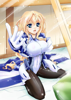 1girl bed black_pantyhose blonde_hair blue_eyes bodysuit braid breasts dorm female_focus gloves kyoukaisenjou_no_horizon large_breasts mary_stuart pantyhose scar smile solo youb