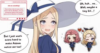 3girls aadka5 assam_(girls_und_panzer) black_pantyhose blonde_hair blue_eyes blush breasts closed_mouth girls_und_panzer hair_ribbon hand_on_own_hip hat large_breasts long_hair looking_at_another medium_hair multiple_girls one_eye_closed open_mouth orange_eyes original pantyhose red_hair ribbon rosehip_(girls_und_panzer) school_uniform simple_background smile st._gloriana's_school_uniform sweatdrop white_background wink yuri