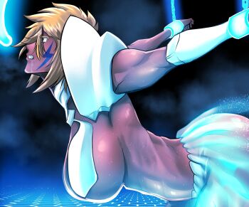 bleach bleach:_sennen_kessen-hen blonde_hair breasts chained_wrists clenched_teeth colored_eyelashes dark-skinned_female dark_skin espada facial_mark green_eyes highres large_breasts medium_hair prisoner skirt soyuz001 teeth tier_harribel toned toned_female