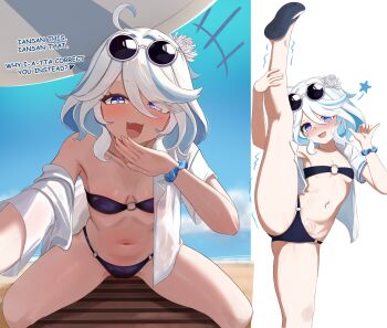 1girl :3 :d @_@ beach bikini black_bikini blue_eyes blue_hair blue_scrunchie blue_sky blush commentary cowlick drop-shaped_pupils english_commentary english_text eyewear_on_head flip-flops furina_(genshin_impact) genshin_impact hair_between_eyes half-closed_eyes highres long_hair looking_at_viewer mismatched_pupils mockingeu multicolored_hair navel ocean open_clothes open_mouth open_shirt outdoors round_eyewear sandals scrunchie see-through_clothes see-through_shirt shirt sky smile speech_bubble split standing standing_on_one_leg standing_split sunglasses swimsuit symbol-shaped_pupils thighs water white-framed_eyewear white_hair white_shirt wrist_scrunchie