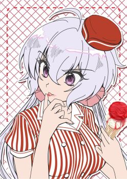 1girl ahoge axia-chan breasts food grey_hair hat highres holding holding_food holding_ice_cream ice_cream ice_cream_cone large_breasts licking licking_finger messy pink_scrunchie purple_eyes red_hat scrunchie senki_zesshou_symphogear shirt solo striped_clothes striped_shirt tongue tongue_out twintails waitress yukine_chris