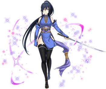Rule 34 | 1girl, black hair, black thighhighs, blue gloves, breasts, brown eyes, choukou (alicesoft), choukou sennin haruka, cleavage, closed mouth, detached sleeves, elbow gloves, fingerless gloves, fishnets, floating hair, full body, gloves, hair between eyes, high ponytail, holding, holding sword, holding weapon, japanese clothes, katana, kimono, large breasts, long hair, looking at viewer, magical girl, ninja, obi, official art, onigirikun, otogi frontier, ponytail, red eyes, sandals, sash, second-party source, sleeveless, solo, sparkle, standing, subaru (choukou sennin haruka), sword, tabi, tachi-e, thighhighs, transparent background, variant set, very long hair, weapon