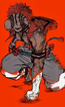 1boy akaza_(kimetsu_no_yaiba) blue_sclera blue_tattoo clenched_hands colored_sclera facial_tattoo full_body ground_pound guki_12345678 highres kimetsu_no_yaiba male_focus open_mouth pants pink_hair pink_vest red_background sharp_teeth short_hair simple_background smile solo tattoo teeth toned toned_male vest white_pants yellow_eyes