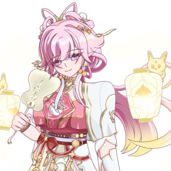 Rule 34 | 1girl, absurdres, blonde hair, breasts, chinese commentary, commentary request, diamond-shaped pupils, diamond (shape), dress, earrings, elf, elysia (hi love elf) (honkai impact), elysia (honkai impact), elysia (moonlit grace) (honkai impact), fox6269883, hand fan, highres, holding, holding fan, honkai (series), honkai impact 3rd, jewelry, lantern, large breasts, long hair, looking at viewer, multicolored hair, official alternate costume, paper lantern, pink dress, pink hair, pointy ears, rabbit, simple background, sky lantern, smile, solo, symbol-shaped pupils, two-tone dress, very long hair, white background, white dress, white hair