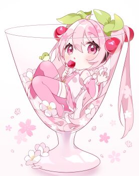 1girl :o bare_shoulders bird blush boots candy_apple cherry_blossoms cherry_hair_ornament chibi chibi_only collared_shirt commentary cup detached_sleeves drinking_glass food food-themed_hair_ornament full_body green_bird hair_between_eyes hair_ornament hatsune_miku highres holding holding_candy_apple holding_food in_container in_cup long_hair long_sleeves looking_at_viewer necktie number_tattoo open_mouth pink_boots pink_eyes pink_hair pink_necktie pink_shirt pink_skirt pink_sleeves pleated_skirt sakura_miku shirt shoulder_tattoo simple_background skirt sleeveless sleeveless_shirt solo symbol-only_commentary tattoo thigh_boots tie_clip twintails vocaloid white_background wide_sleeves yuni_(irohasuiroiro)