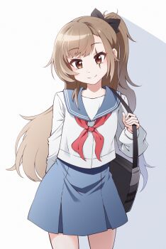 1girl alternate_costume alternate_hairstyle bag black_bow blue_sailor_collar blue_skirt blush bow brown_eyes brown_hair commentary cowboy_shot girls&#039;_frontline girls&#039;_frontline_2:_exilium hair_bow highres jiwon_(sj1) leva_(girls&#039;_frontline_2) long_hair long_sleeves looking_at_viewer neckerchief one_side_up parted_bangs red_neckerchief sailor_collar scar scar_across_eye scar_on_face school_bag school_uniform serafuku shadow shirt shoulder_bag sidelocks simple_background skirt smile solo standing thighs ump45_(girls&#039;_frontline) very_long_hair white_background white_shirt