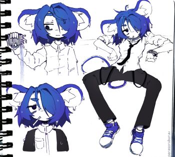Rule 34 | 1girl, absurdres, animal ears, artist name, black eyes, black pants, blue hair, blue shoes, cigarette, commentary, english commentary, hair over one eye, highres, long sleeves, looking at viewer, mouse ears, mouse girl, mouse tail, original, pants, parasoru buruu, shirt, shoes, short hair, smoking, sneakers, solo, tail, watch, white shirt, wristwatch