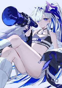 1girl absurdres amane_kanata amane_kanata_(lock_on) angel_wings asymmetrical_bangs bare_shoulders black_choker choker colored_inner_hair commentary crop_top crossed_legs earrings flat_chest gam_1124 hair_over_one_eye halo highres holding holding_megaphone hololive jacket jacket_partially_removed jewelry long_hair looking_at_viewer megaphone midriff multicolored_hair off_shoulder official_alternate_costume official_alternate_hairstyle open_clothes open_jacket ponytail shorts simple_background sitting socks solo star_halo streaked_hair very_long_hair virtual_youtuber white_shorts wings