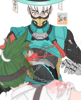 1boy 1girl blood blood_on_clothes blood_spray blurry blurry_foreground chain chell_ow commentary_request gameplay_mechanics green_eyes green_hair hands_up heads-up_display highres holding holding_weapon japanese_clothes kimono kiriko_(overwatch) korean_commentary long_sleeves mask mizuki_(overwatch) mouth_mask overwatch prosthesis prosthetic_arm short_hair topknot user_interface weapon white_background white_hair white_kimono wide-eyed