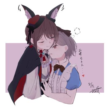 Rule 34 | 23 degree01, 2girls, animal costume, animal ears, apron, bang dream!, bang dream! it's mygo!!!!!, black bow, black hair, bow, cape, commentary request, dated, frilled apron, frills, grey hair, highres, long hair, long sleeves, mole, mole under eye, multiple girls, purple eyes, red eyes, shiina taki, short hair, short sleeves, sidelocks, simple background, takamatsu tomori, white background, wolf costume, wolf ears, yuri