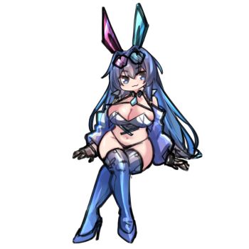 1girl :3 azur_lane black_gloves blue_eyes blue_hair blue_shoes blue_shrug blue_thighhighs breasts chibi chibi_only cleavage crossed_legs gloves high_heels large_breasts long_hair looking_at_viewer midriff new_jersey_(azur_lane) new_jersey_(black_blur_prelude)_(azur_lane) official_alternate_costume race_queen shoes shrug_(clothing) solo sugoidere thighhighs