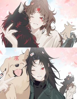 Rule 34 | 2boys, alternate costume, black hair, black shirt, brown hair, casual, coat, commentary request, dog, earrings, green coat, hanafuda earrings, jewelry, kimetsu no yaiba, long hair, looking at viewer, male focus, multiple boys, one eye closed, parted lips, sal gun, shirt, smile, spiked hair, sweater, teeth, tsugikuni michikatsu, tsugikuni yoriichi, upper body, very long hair