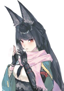 1girl animal_ears aqua_jacket belt black_hair blunt_bangs fingerless_gloves fox_ears fox_girl gloves high-waist_skirt highres hongshi hoshimi_miyabi jacket long_hair red_eyes shirt skirt white_shirt wide_sleeves zenless_zone_zero