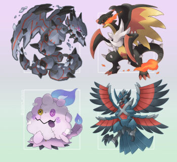 aerodactyl albrt-wlson black_sclera breath_weapon breathing_fire charizard claws colored_sclera commentary corviknight debris dragon dragon_wings english_commentary fangs fire flame-tipped_tail full_body fusion garchomp gen_1_pokemon gen_2_pokemon gen_3_pokemon gen_4_pokemon gen_5_pokemon gen_6_pokemon gen_7_pokemon gen_8_pokemon gradient_background highres houndoom instagram_username litwick mega_aerodactyl mega_charizard_x mega_houndoom mega_pokemon mega_steelix metagross mimikyu nintendo no_humans official_style open_mouth orange_eyes pokemon pokemon_(creature) pokemon_focus purple_eyes runerigus sharp_teeth skin_fangs spikes steelix stuffing swirlix tail teeth wings