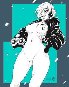 1girl a_mimishi absurdres aqua_background artist_logo bodysuit breasts commentary covered_navel cropped_jacket greyscale greyscale_with_colored_background hair_over_one_eye headset helmet highres holding holding_unworn_helmet jacket logo monochrome one_piece pilot_helmet short_hair solo unworn_headwear unworn_helmet vegapunk_lilith
