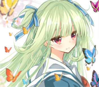 1girl blue_butterfly blue_ribbon blunt_bangs blurry blush bug butterfly cariboy cherry_blossoms chinese_commentary closed_mouth commentary_request depth_of_field film_grain floating_hair flower from_side hair_ribbon insect long_hair looking_at_viewer murasame_(senren) orange_butterfly pink_butterfly red_eyes ribbon sailor_collar school_uniform senren_banka serafuku sidelocks smile solo split_mouth two_side_up upper_body white_flower white_sailor_collar yellow_butterfly