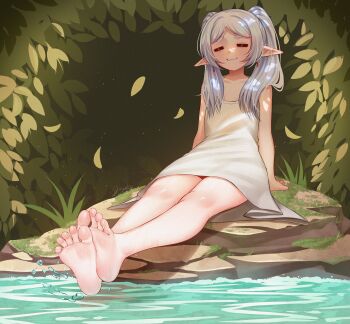 1girl :3 =_= absurdres arm_support artist_name barefoot blush commentary dress earrings elf english_commentary falling_leaves feet flat_chest foot_focus frieren grey_hair highres jewelry leaf long_pointy_ears moss outstretched_legs parted_bangs pietrosatou pointy_ears rock sidelocks sitting soles solo sousou_no_frieren teardrop_earrings thick_eyebrows toes water water_drop wet white_dress
