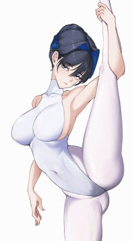 1girl absurdres alternate_costume arm_at_side arm_up armpits ass athletic_leotard bare_shoulders black_hair blue_eyes blue_hair blush braid breasts bun_with_braided_base cameltoe closed_mouth collarbone colored_inner_hair commentary covered_navel cowboy_shot double-parted_bangs eipanguino english_commentary expressionless groin hair_between_eyes hair_bun hair_intakes heattech_leotard highleg highleg_leotard highres hololive hololive_english large_breasts leg_up leotard looking_at_viewer multicolored_hair ouro_kronii pantyhose pink_lips sideboob single_hair_bun skin_tight solo standing standing_front_split standing_on_one_leg thighs tsurime turtleneck virtual_youtuber white_background white_leotard white_pantyhose