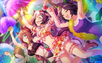 3girls ^_^ animal_ears ankle_bow ankle_ribbon artist_request bare_arms bare_shoulders bead_necklace beads bikini bikini_skirt black_bikini black_hair blue_one-piece_swimsuit bow bow_bikini bracelet braid breasts brown_hair brown_sandals censored chain closed_eyes covered_navel cowboy_shot dancing dutch_angle eyewear_on_head feet_out_of_frame floral_print flower flower_bracelet folding_fan frilled_anklet frilled_bikini frilled_thigh_strap frills fur_shawl game_cg gold_bracelet gold_chain green_shawl hair_between_eyes hair_ornament hair_tie hairclip half_up_braid hand_fan happy heart heart-shaped_eyewear hibiscus high_heel_sandals highres holding holding_fan horse_ears indoors jewelry jumping lace_thigh_strap large_breasts leg_ribbon light_particles light_rays long_hair maruzensky_(hot_summer_night)_(umamusume) maruzensky_(umamusume) medium_breasts multicolored_hair multiple_girls navel necklace official_alternate_costume official_art one-piece_swimsuit orange-tinted_eyewear orange_bikini pendant pink_bow pink_flower plaid_bikini plaid_clothes ponytail purple_flower red_flower ribbon rose_print sandals shawl short_side_ponytail single_stripe special_week_(hopp'n_happy_heart)_(umamusume) special_week_(umamusume) stomach streaked_hair striped_bow sunglasses sweat swimsuit thigh_strap tinted_eyewear toes tracen_swimsuit two-tone_hair umamusume very_long_hair white-framed_eyewear white_bow white_hair winning_ticket_(umamusume)