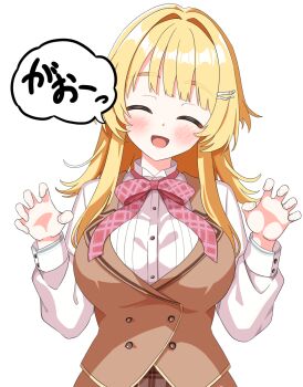 1girl :d ^_^ blonde_hair blunt_bangs blush bow bowtie breasts brown_vest buttons claw_pose closed_eyes commentary_request double-breasted facing_viewer gao hair_intakes hands_up highres large_breasts limelight_lemonade_jam long_hair long_sleeves open_mouth plaid_bow plaid_bowtie plaid_clothes red_bow red_bowtie shimakoshi_tsukimi shirt simple_background smile solo speech_bubble thick_eyebrows translated vest white_background white_shirt yokoshima_akunusu