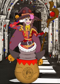 assimilation bell belt brown_hair cloak corruption curse dark_persona elly_snail glitter gloves hallway hat highres jack-in-the-box jar jester_jar jester_outfit megumin merge possessed possession red_eyes short_hair smile staff subarashii_sekai_ni_shukufuku_wo! surprised transformation trapped witch_hat