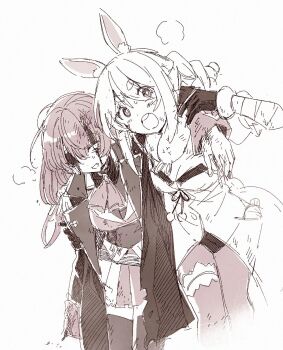 :o a-ka animal_ears arm_around_neck ascot blood blood_on_face breasts bright_pupils coat commentary_request cowboy_shot dress eyepatch frilled_thigh_strap gloves greyscale helping highres hololive houshou_marine houshou_marine_(1st_costume) injury lapels long_hair looking_at_viewer medium_breasts monochrome notched_lapels open_mouth rabbit_ears rabbit_girl short_eyebrows sidelocks simple_background sketch skirt teeth thigh_strap thighhighs upper_teeth_only usada_pekora usada_pekora_(1st_costume) virtual_youtuber white_background