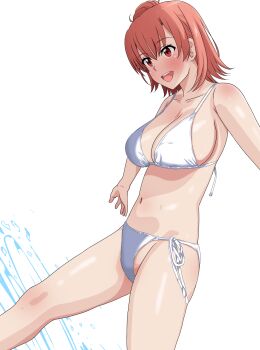 1girl bikini breasts brown_hair chiyoberiba commentary_request feet_out_of_frame hair_bun highres kicking large_breasts red_eyes short_hair side-tie_bikini_bottom simple_background single_hair_bun single_side_bun smile solo splashing swimsuit upper_body white_background white_bikini yahari_ore_no_seishun_lovecome_wa_machigatteiru. yuigahama_yui