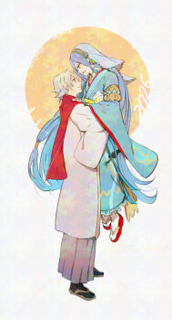 1boy 1girl 2026 amao_miyuki azura_(celebratory_spirit)_(fire_emblem) azura_(fire_emblem) blue_hair blue_kimono closed_mouth commentary_request fire_emblem fire_emblem_fates fire_emblem_heroes floating_hair from_side full_body furisode japanese_clothes kimono long_hair low-tied_long_hair male_corrin_(fire_emblem) male_corrin_(new_year)_(fire_emblem) new_year nintendo official_alternate_costume parted_lips red_eyes sandals short_hair simple_background smile tabi two-tone_background veil very_long_hair white_background white_hair white_veil yellow_eyes zouri