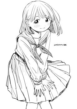 1girl absurdres artist_name blunt_bangs blush bow bowtie closed_mouth comiket_107 cowboy_shot dot_nose highres knees_together_feet_apart leaning_forward looking_at_viewer monochrome nagomurasan original own_hands_together parted_bangs pleated_skirt sailor_collar school_uniform serafuku short_hair signature simple_background sketch skirt skirt_hold smile white_background