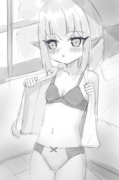 1girl absurdres bed bedroom blush bow bow_panties bra braid breasts collarbone crotch_seam elf floral_print highres loli long_hair looking_at_viewer monochrome navel open_clothes open_mouth open_shirt original panties pointy_ears print_bra print_panties shooko single_braid sketch small_breasts standing underwear undressing window
