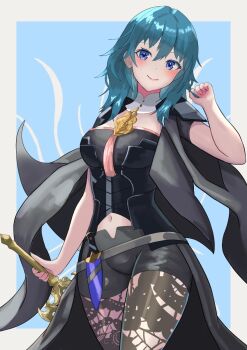 Rule 34 | 1girl, blue eyes, blue hair, blush, bodice, braid, breasts, bustier, cape, closed mouth, clothing cutout, dagger, female byleth (fire emblem), fire emblem, fire emblem: three houses, hair between eyes, hair ribbon, hand up, highres, holding, holding weapon, knife, lace, lace pantyhose, large breasts, medium hair, navel cutout, nintendo, pantyhose, pantyhose under shorts, patterned legwear, print pantyhose, ribbon, ribbon in braid, short sleeves, shorts, smile, solo, sword of the creator, tarutaru193, tassel, turtleneck, waist cape, weapon