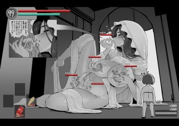 2girls 5boys ass bald big_belly breasts dark_souls_(series) dark_souls_i fellatio gameplay_mechanics gangbang giant giantess greyscale group_sex head_back heads-up_display health_bar hetero highres hood large_breasts lying mature_female monochrome multiple_boys multiple_girls navel_penetration nipple_penetration nipples on_side oral penis pussy queen_of_sunlight_gwynevere sashizume_soutarou sex size_difference speech_bubble translation_request user_interface