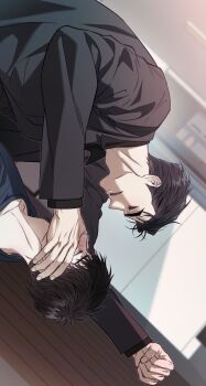 Rule 34 | 2boys, black eyes, black hair, black shirt, black suit, choi wonjun (mang-jong), commentary request, couple, floor, formal clothes, hand on another's head, highres, hkmi, indoors, kabedon, kim ieum (mang-jong), korean commentary, looking at another, male focus, mang-jong, multiple boys, muscular, muscular male, official art, shirt, short hair, simple background, smirk, suit, upper body, yaoi
