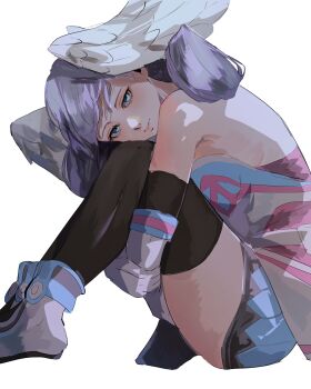 1girl 4me3ba_niku blue_eyes breasts curly_hair dress gloves grey_hair head_wings highres long_hair long_sleeves looking_at_viewer medium_breasts melia_antiqua simple_background smile solo thighhighs wings xenoblade_chronicles_(series) xenoblade_chronicles_1