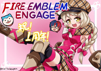 Rule 34 | 1girl, male alear (fire emblem), blonde hair, braid, breasts, brown scarf, fire emblem, fire emblem engage, framme (fire emblem), knee guards, long hair, looking at viewer, multicolored hair, nintendo, nurikabeopen, open mouth, pink hair, plaid clothes, plaid scarf, scarf, single braid, small breasts, smile, sommie (fire emblem), split-color hair, two-tone hair, yellow eyes