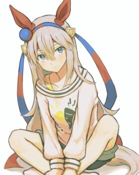 Rule 34 | 1girl, :/, animal ears, arm support, barefoot, blue eyes, blue hairband, blue ribbon, carrot print, casual, closed mouth, collarbone, ear covers, food print, full body, grey hair, grey shorts, hair between eyes, hairband, headband, highres, horse ears, horse girl, horse tail, indian style, layered shirt, long hair, long ribbon, long sleeves, looking at viewer, official alternate costume, print shirt, puffy long sleeves, puffy sleeves, red hairband, red headband, red ribbon, ribbon, shirt, shorts, simple background, sitting, sleeveless, sleeveless shirt, solo, striped clothes, striped hairband, striped ribbon, taa in1, tail, tamamo cross (umamusume), two-tone hairband, two-tone ribbon, umamusume, v arms, white background, white shirt, yellow shirt