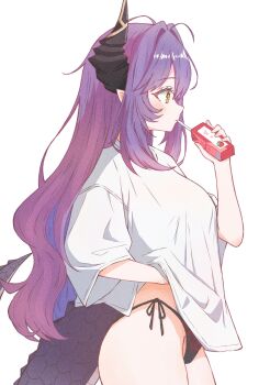 1girl absurdres ahoge black_panties chaeeunhan124 closed_mouth clothes_lift commentary_request cowboy_shot dragon_girl dragon_horns dragon_tail drink_carton drinking drinking_straw drinking_straw_in_mouth expressionless film_grain from_side hair_intakes hand_up highres holding holding_juice_box horns juice_box korean_commentary lifting_own_clothes lingerie long_hair long_shirt looking_ahead no_pants panties profile purple_hair sakihane_huya shirt shirt_lift side-tie_panties simple_background solo standing stellive t-shirt tail three-quarter_sleeves underwear very_long_hair virtual_youtuber white_background white_shirt yellow_eyes