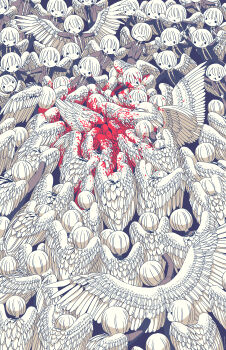 &gt;_&lt; 6+others absurdres androgynous arm_up arms_up blood blood_in_hair blood_on_clothes blood_on_face blood_splatter bloody_wings bob_cut business_suit clenched_hand clone collared_shirt eating feathered_wings fork formal_clothes greyscale highres holding holding_fork holding_knife knife licking_lips long_sleeves monochrome multiple_others necktie original outstretched_arms panda23577667 pout shirt short_hair sky_burial solid_circle_eyes spot_color spread_arms spread_wings suit tongue tongue_out too_many wings