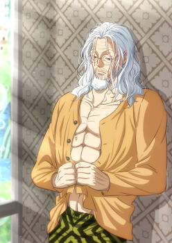 Rule 34 | 1boy, abs, beard, buttoning, closed mouth, commentary request, dressing, facial hair, highres, long hair, male focus, mature male, messy hair, morning, musasabiop, old, old man, one piece, orange shirt, pectorals, round eyewear, scar, scar across eye, scar on face, shirt, silvers rayleigh, solo, sunlight, wallpaper (object)