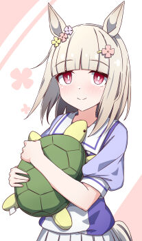 Rule 34 | 1girl, animal ears, arched bangs, blonde hair, blush, bright pupils, closed mouth, commentary, ear wreath, floating hair, hair ornament, hairclip, happy meek (umamusume), highres, hiro (pqtks113), holding, holding stuffed toy, horse ears, horse girl, horse tail, looking at viewer, medium hair, official alternate costume, pleated skirt, puffy short sleeves, puffy sleeves, purple shirt, rabbit ears, sailor collar, sailor shirt, school uniform, shirt, short sleeves, skirt, smile, solo, stuffed animal, stuffed toy, stuffed turtle, summer uniform, tail, tracen school uniform, umamusume, upper body, white pupils, white sailor collar, white skirt