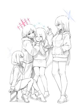 4girls =_= arius_squad_(blue_archive) atsuko_(blue_archive) blue_archive blue_halo candy closed_mouth donggang17 food frown grey_halo greyscale halo hand_in_pocket hand_up highres hiyori_(blue_archive) holding holding_candy holding_food holding_lollipop hood hoodie lollipop long_hair long_sidelocks long_sleeves low-tied_long_hair mask mask_pull miniskirt misaki_(blue_archive) monochrome mouth_mask multiple_girls open_mouth pants parted_bangs pink_halo raised_inner_eyebrows saori_(blue_archive) shoes short_hair sidelocks sitting skirt spot_color standing straight_hair very_long_hair wavy_mouth