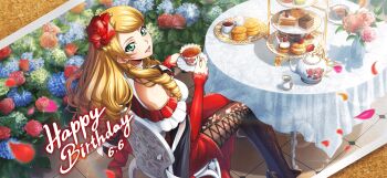 1girl birthday black_thighhighs blonde_hair breasts cake code_geass code_geass:_lost_stories code_geass:_soubou_no_oz cup dress f4samurai food game_cg green_eyes happy happy_birthday highres holding holding_cup long_hair looking_at_viewer medium_breasts official_art oldrin_zevon open_mouth red_dress smile solo teacup teeth thighhighs